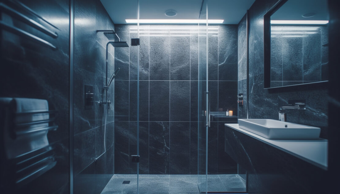 Ten imponujący obrazek przedstawia dużą kabinę prysznicową, stanowiącą centralny element łazienki. Kabina prysznicowa wyróżnia się swoim przestronnym wnętrzem i eleganckim designem. Jej nowoczesne wykończenie i funkcjonalne detale tworzą idealne miejsce do relaksu i odprężenia podczas kąpieli