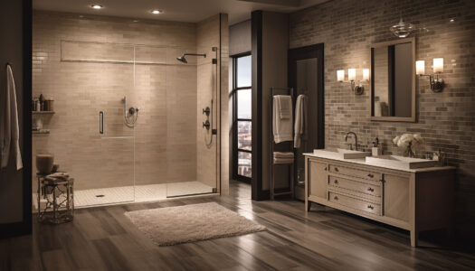 Ten urokliwy obrazek przedstawia przepiękną łazienkę z dużą kabiną prysznicową jako jej centralnym elementem. Kabina prysznicowa imponuje swoim rozmiarem i luksusowym wykończeniem, tworząc przestronne i eleganckie miejsce do codziennych rytuałów kąpielowych. Łącząc nowoczesny design z funkcjonalnością, ta kabina prysznicowa zapewnia wygodę i relaks, tworząc idealne otoczenie do wypoczynku i odprężenia