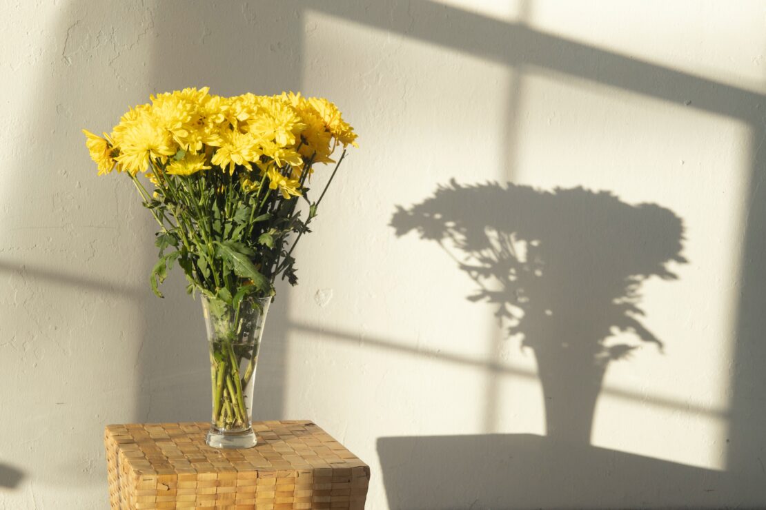 Szklany przezroczysty wazon wypełniony wodą z żółtymi kwiatami
